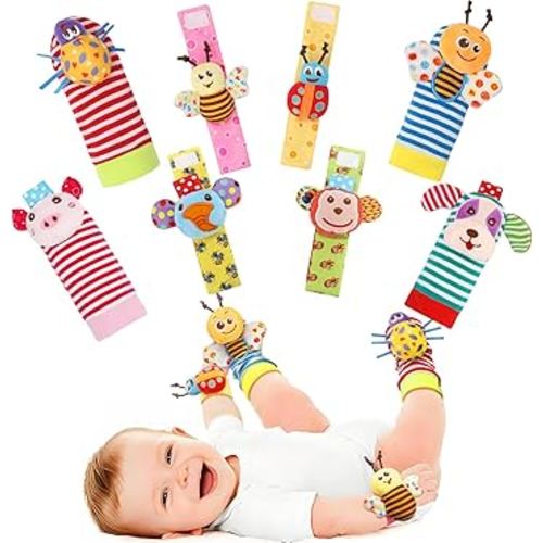 Wrist Rattles Foot Finder Rattle Sock Baby Toy, Rattle Toy, Arm Hand Bracelet Rattle, Feet Leg Ankle Socks, Activity Rattle Present Gift for Newborn Infant Babies Boy Girl Bebe (8 pcs-A)