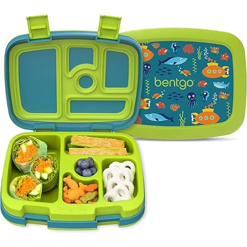 Bentgo Kids Prints Leak-Proof, 5-Compartment Bento-Style Kids Lunch Box - Ideal Portion Sizes for Ages 3-7, Durable, Drop-Proof, Dishwasher Safe, & Made with BPA-Free Materials (Submarine)