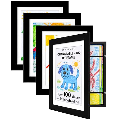 Americanflat - 4 Pack - Kids Artwork Frame Changeable (Black) - Magnetic Door Holds 100 Art Pieces - 8.5x11 Letter Size Display with Mat or 10x12.5 Without Mat - My Mini Masterpiece