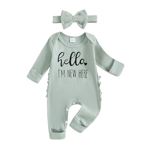 FIOMVA Im New Here Newborn Outfit Girl Long Sleeve Letter Romper Ribbed Knit Jumpsuit Baby Girl Preemie Coming Home Outfit