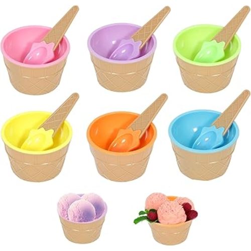 Hbaushun 6 Pack Plastic Ice Cream Bowls with Spoons,Reusable Plastic ice Cream Cups,Cartoon Candy Colorice Cream Bowls Set for Sundae Frozen Yogurt Summer Holiday Parties