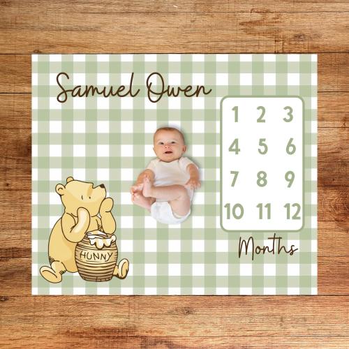 Baby Milestone Blanket Winnie the Pooh Monthly Baby Tracker Classic Pooh Bear Gingham Background