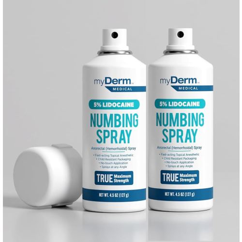 Myderm Medical Numbing Spray - 2 Pack 4.5 OZ - Maximum Strength 5% Lidocaine with Phenylephrine HCl and Witch Hazel - Fast-Acting with Touch-Free Application - First Aid Supplies - Made in USA
