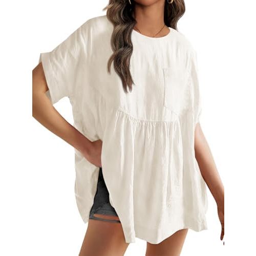 Tankaneo Womens Summer Babydoll Tops Peplum Oversized Tunic Shirts