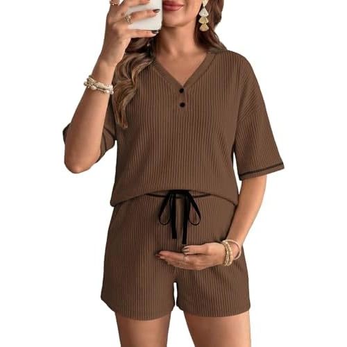 BLENCOT Womens Maternity Nursing Pajamas Set V Neck Short Sleeve Button Shorts Soft Pj Sets Pregnancy Summer Outfits