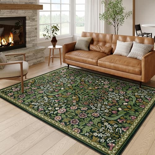Moynesa Floral Washable 5x7 Rug, Green Area Rugs for Living Room, Non Slip Boho Dining Room Rug Under Table, Botanical Ultra Thin Floor Carpet for Bedroom Home Office, Green