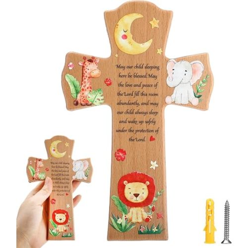 Bucherry Animal Wooden Wall Cross Baptism Decorative Hanging Cross 4.3 x 6.7inch Inspirational Blessing Quote Catholic Decor with Hook & Screws for Nursery Room Decor, Baptism, Christening Gift