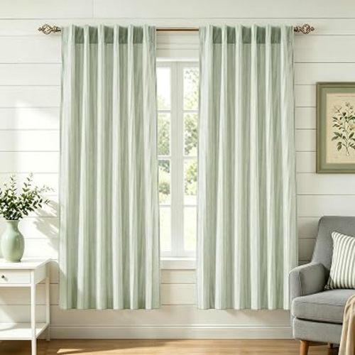 DriftAway 100% Blackout Linen Ticking Striped Curtains Double Layer Farmhouse Drapes 63 Inches Long for Living Room Bedroom Yarn Dyed Woven Thermal Insulated Rod Pocket Back Tab 2 Panels Loden Green