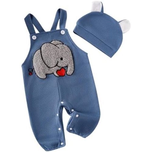 Infant Newborn Baby Boys Girls Suspender Long Pants Elephant Romper Jumpsuit Sleeveless Overalls Hat Clothing Set