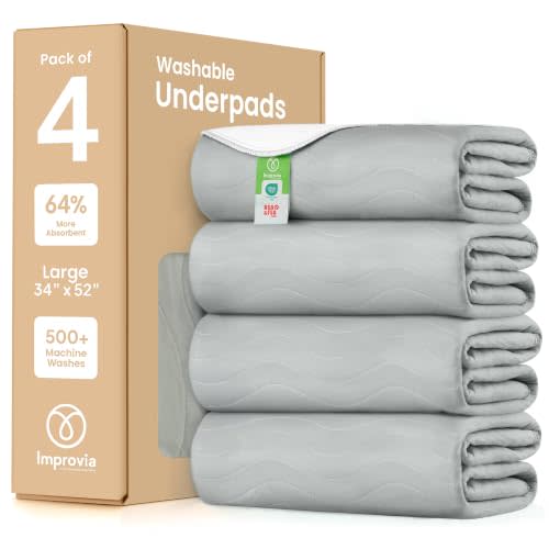 IMPROVIA® Washable Underpads, Heavy Absorbency Reusable Incontinence Pads for Kids, Adults, Elderly, and Pets, Waterproof Protection Floor (Gray, 34"x52" (Pack of 4))