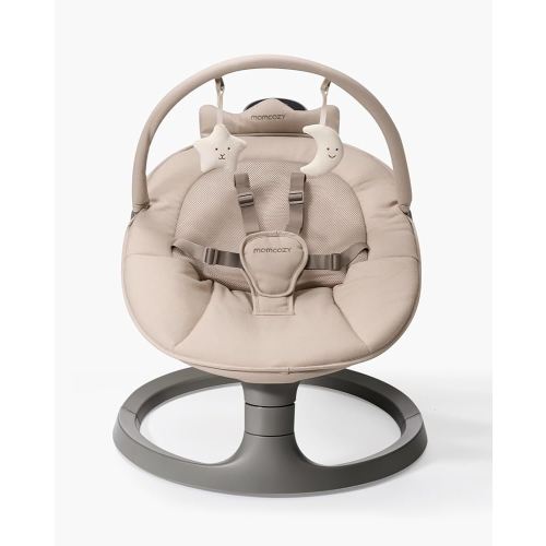 Momcozy Electric Baby Swing for Infants to Toddlers up to 66 lbs, Convertible to Stationary Seat, Adjustable Height & Recline, 8 Soothing Sounds, Plush Toys, Easy-Clean Seat, Lightweight