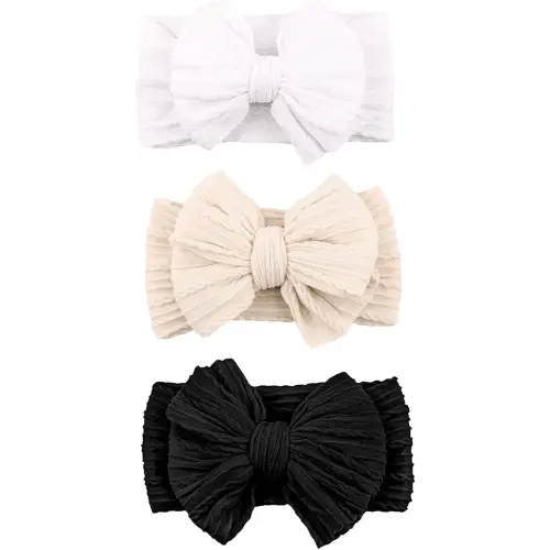 Baby Bows Headbands Nylon Hairbands Baby Girl Bows Hair Accessories for Infant Toddler Essentials(Black White Beige, mid)