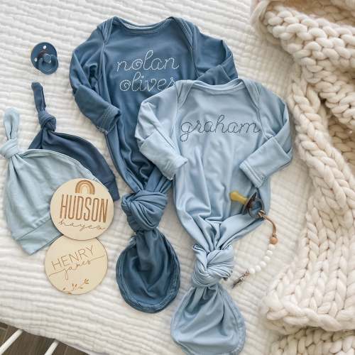 Personalized Stitched Newborn Baby Knot Gown | Ocean Blues