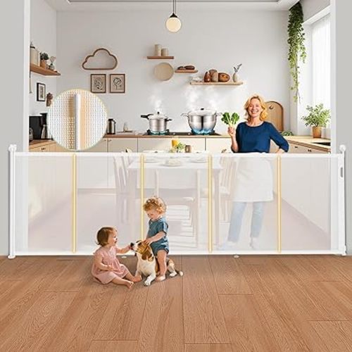 160'' Retractable Baby Gates Extra Wide, 42" Extra Tall Retractable Dog Gate for Doorways,13 Foot Safety Upgrade Extra Long White Retractable Baby Gate for Stairs, Indoor/Outdoor Retractable Gate