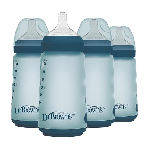 Dr. Brown's Silicone Baby Bottle with Collapsible Insert Designed to Reduce Colic, 9 oz with Wide-Neck Level 2 Medium Flow Nipple, 3m+, Blue, 4-Pack