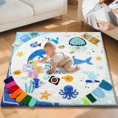 Premium Foam Baby Play Mat 50x50, 4 Developmental Zones Play Mat with Removable & Machine Washable Cover, Extra Thick Padding Playpen Mat, Easy to Clean for Infants, Toddlers & Babies