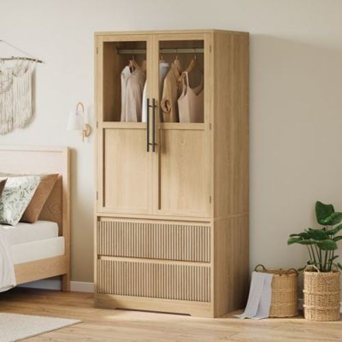 Bedroom Wooden Armoire Wardrobe Closet, Wardrobe Armoire Cabinet with 2 Wood Doors and Drawers, Freestanding Armoire with Shelves & Hanging Rod
