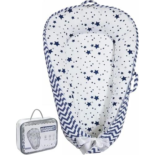 Baby Lounger | Organic Cotton Infant Lounger| Reversible, Adjustable & Portable Floor Lounger |Supervised Use | Soft, Breathable, Washable Cover - Star Collection (Blue)