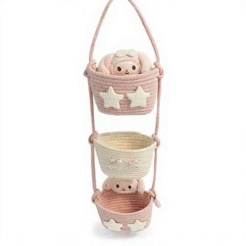 Alilang 3-Tier Hanging Rope Basket Organizer with Star Accents - Beige