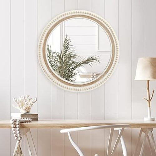 24" Round Wall Mirror, Distressed White Wood Beaded Boho Mirror, Farmhouse Decoartive Mirror for Bedroom, Living Room, Bathroom, Entryway