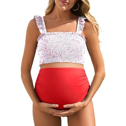 Summer Mae Maternity High Waist Bikini Swimsuit Two Piece Ruffled Hem Cute Bathing Suit Floral Pregnancy Swimwear