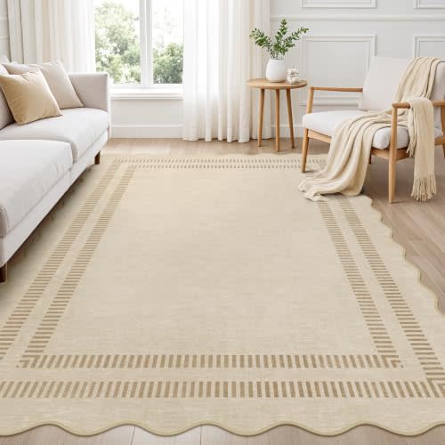 Washable Rug 5x7 Area Rugs for Living Room, Solid Khaki Rug Non Slip Scalloped Throw Mat with Rubber Back, Soft Low Pile Carpet for Dining Room Bedroom Dorm Nursery