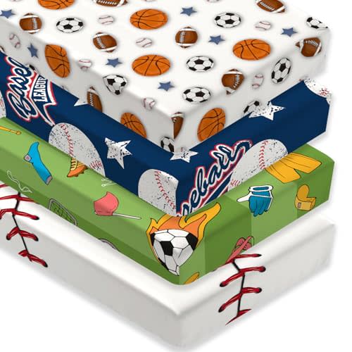 4 Pack Sports Baseball Crib Sheet Set for Boys, Neutral Soft Breathable Fitted Vintage Crib Sheet, Baseball Nursery Decor for Standard Crib and Toddler Bed Mattresses 28 x 52 in