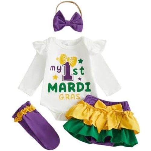 BeQeuewll Newborn Baby Girl Easter Outfit Bunny Clothes Romper+Bloomers Tutu Skirt+Socks+Headband Set First Easter Outfit