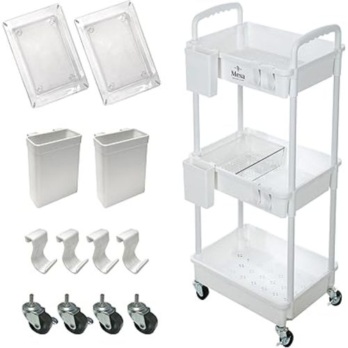 Inspired Living 3-Tier Plastic Rolling Utility Cart with Handle, Lockable Caster Wheels 2 Bins 3 Hanging Baskets & 4 Hooks, Multi-Functional Storage Trolley, for Kitchen, Living Room, Bathroom, White