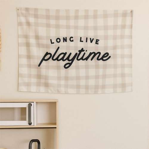 Long Live Playtime Tapestry with Rustic Checkered Pattern, Custom Play Room Wall Banner, For Bedroom or Nursery Decor, Playroom Tapestries