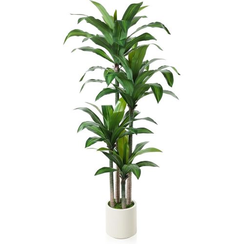 Artificial Dracaena Tree 6ft, Tall Fake Dracaena Plants with White Planter, Faux Dragon Tree Indoor Floor Plant for Home Decor Office Living Room Porch Housewarming, 1Pcs
