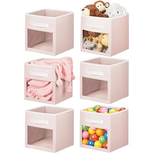 mDesign Fabric Nursery/Playroom Closet Storage Organizer Bin Box with Front Handle/Window for Cube Furniture Shelving Unit, Hold Toys, Clothes, Diapers, Bibs, Jane Collection, 6 Pack, Light Pink/White : Home & Kitchen