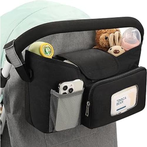Accmor Universal Stroller Organizer with Insulated Cup Holder, Stroller Caddy Bag Accessories, Stroller Cup Holder Organizer for Uppababy Baby Jogger Britax Stroller, Black
