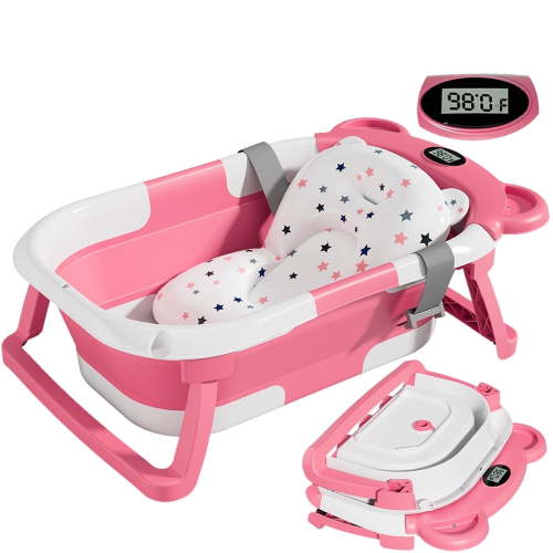 Collapsible Baby Bathtub with Thermometer and Floating Cushion, Foldable Tub Set for Infants to Toddlers