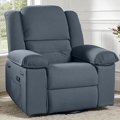 Softa Swivel Rocker Recliner Chair for Adults with Massage & Heat, 360° Swivel Manual Glider Recliner with Side Pocket, Compact Living Room Apartment Reclining Chair (Blue-Grey)