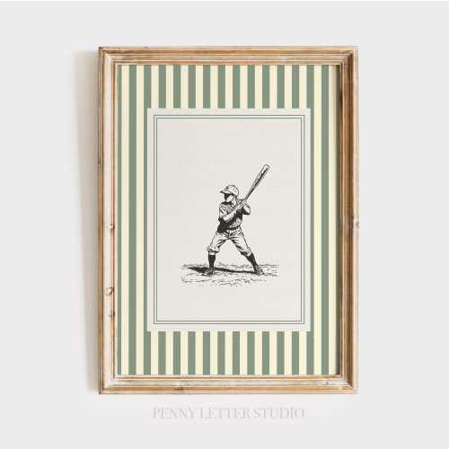 Vintage Baseball Nursery Print, Green Stripe Wall Art, Sports Baby Room Decor, Grandmillennial Boy Nursery Gift
