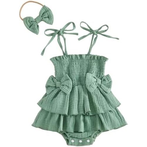 Thorn Tree Baby Girl Summer Clothes Newborn Outfit Ruffle Romper Infant Baby Dress Bow Headband Solid Cute Outfits Girls