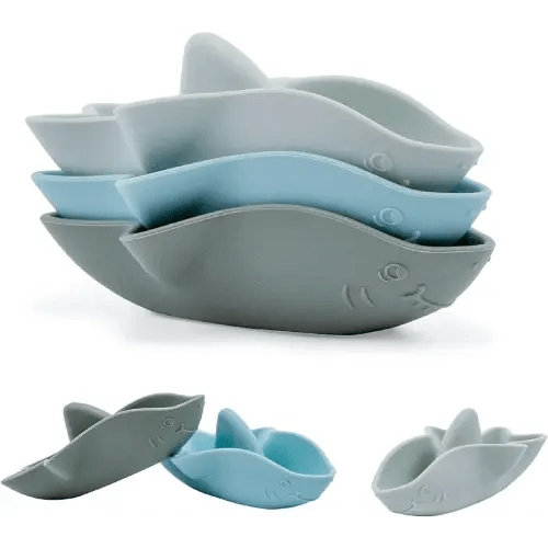 Sailing Sharks Bath Toy - 6 Piece Set - Fun Baby Bath Toys for 10-12 Months - Toddlers 1-3 Years - Kids 4-6 Years - Mold Free Silicone - Sailboat Shape for Child Learning & Development