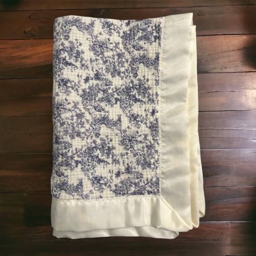 SATIN TRIM TOILE Floral french blue, Bridgerton Secret Garden Baby Blanket breathable Muslin Swaddle Blanket, receiving blanket, non-gender