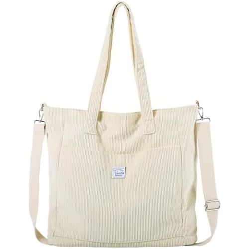 VASCHY Corduroy Tote Bag for Women,Casual Lightweight Large Work Tote with Zipper Hobo Shoulder Crossbody Bag Purse