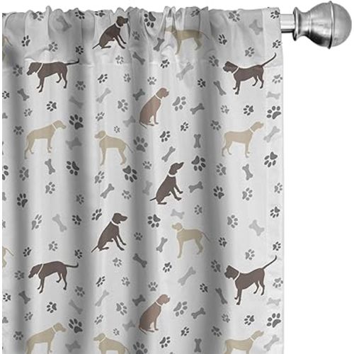 Ambesonne Dog Lover Window Curtains, Paw Print Bones and Dog Silhouettes American Foxhound Breed Playful Pattern, Lightweight Decor 2-Panel Set with Rod Pocket, Pair of - 28" x 84", Umber Beige
