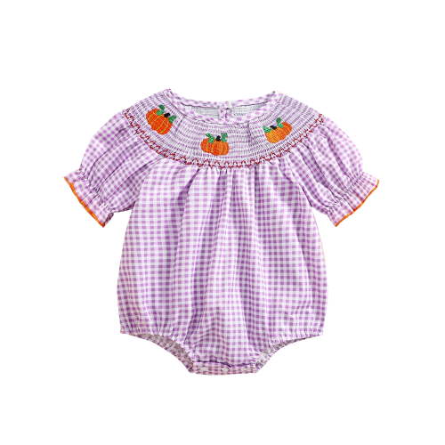 0-3Years Baby Girl Halloween Outfits Pumpkin Plaid Bubble Romper Short Puff Sleeve Bodysuit Cute One Piece Clothes