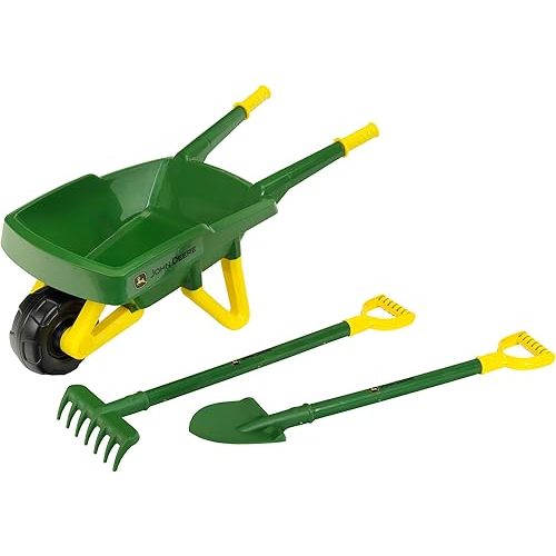 John Deere: Wheelbarrow Set - Green & Yellow - 3pc, Pretend Play Gardening & Yard Work Toy, Shovel & Rake, Indoor-Outdoor, Licensed, Kids Ages 3+