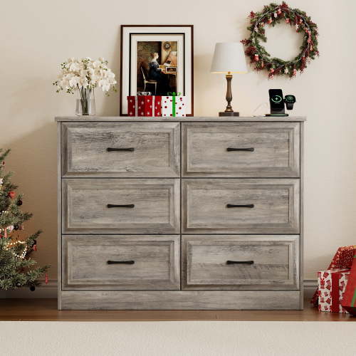 Vabches 6 Drawers Dresser for Bedroom, 32" Tall Wood Chest of Drawers with Charging Station , Grey