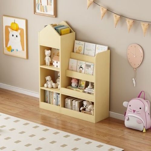 4 Tier Kids Wooden Bookshelf,Four Layer Sling Children Bookcase,Book and Toy Organizer Cabinet Chest,Nursery Classroom Library