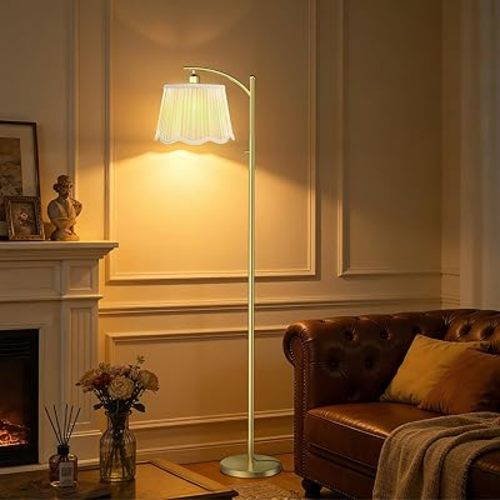 Arc Floor Lamps for Living Room, Modern Dimmable Floor Lamp with Double-layer Gauze Lampshade, Tall Standing Lamp with 7W LED Bulb & Dimmable Knob, Gold Floor Lamp For Bedroom Corner Nursery
