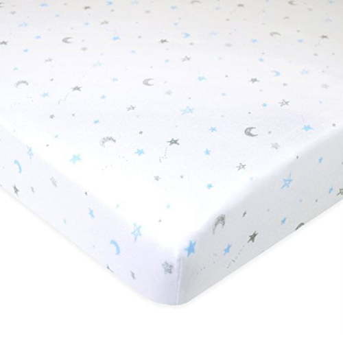 American Baby Company 100% Natural Cotton Fitted Pack and Play Sheet 39" x 27" - Soft & Breathable Pack N Play Sheet for Playpen, Playard & Mini Crib Mattress, Blue Stars and Moons, for Boys & Girls