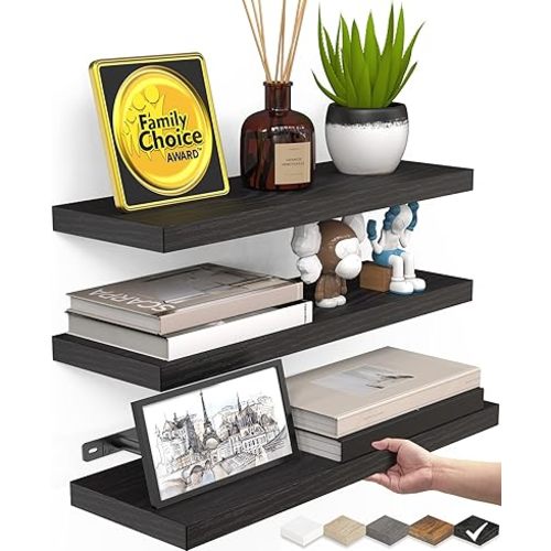BAYKA Floating Shelves for Wall, Wall Mounted Rustic Wood Shelves for Bathroom, Bedroom, Living Room, Kitchen, Hanging Shelf for Books/Storage/Room Decor with 22lbs Capacity (Black, Set of 3, 15.7in)