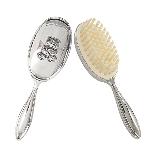 Silver Plated Keepsake Cute Bear Baby Hair Brush for Toddler Girl or Boy with Curly and Thick Hair, for Wet or Dry Newborn Infant Hair, Soft Bristle That Won't Shed, Gift Box Package for Gift Giving