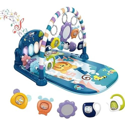 dearlomum Baby Play Mat Gym, Funny Play Piano Tummy Time Activity Mat with 5 Infant Sensory Toys, Music and Lights Boy & Girl Gifts for Newborns 0 to 3 6 9 12 Months (Tiger Blue)